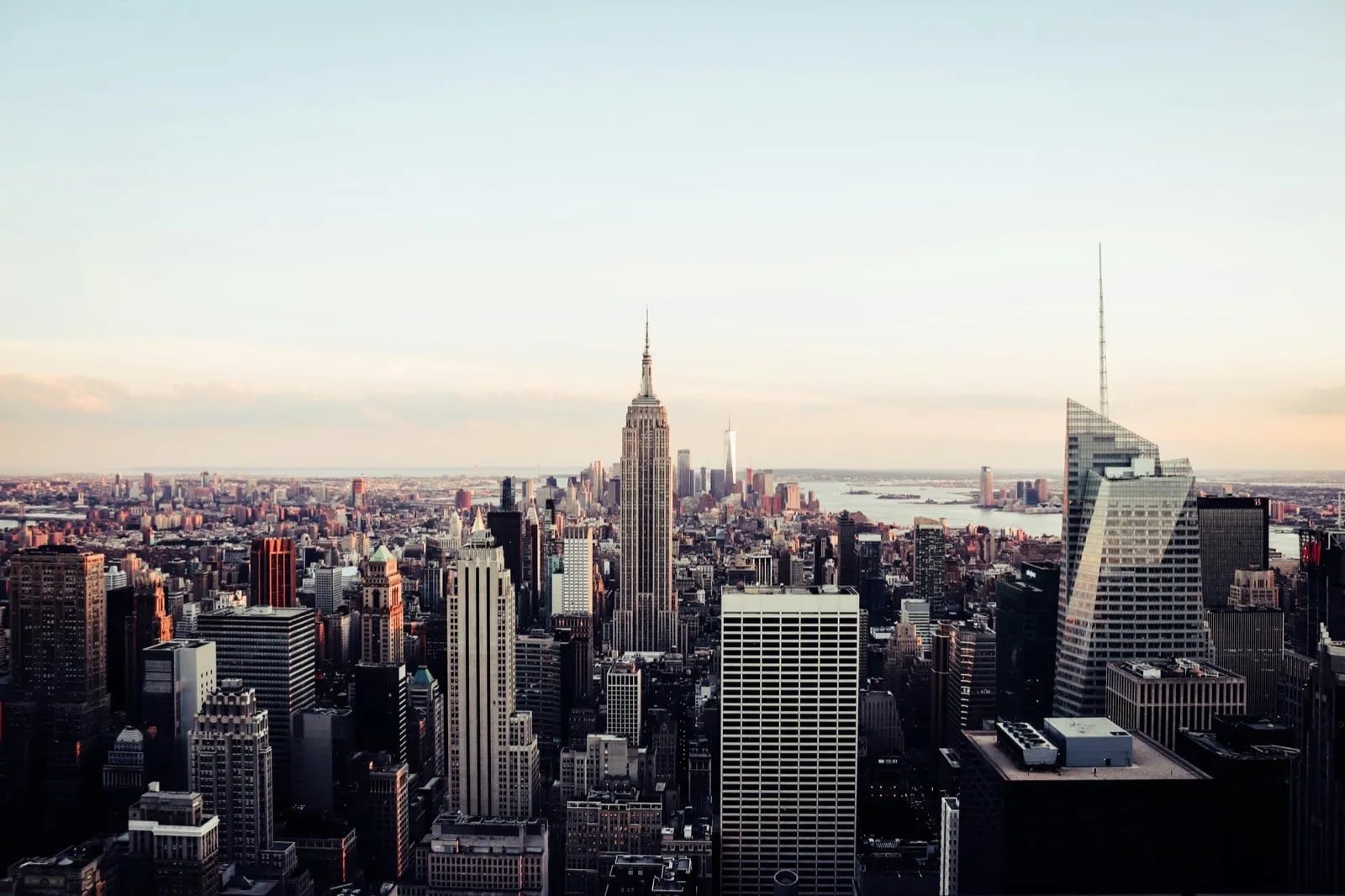Financial district skyline with evening light